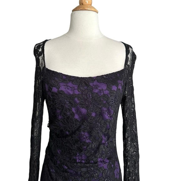 DAVID MEISTER Black Lace Cocktail Dress Beaded Cuffs, Purple Lining Size 6 - Picture 3 of 16